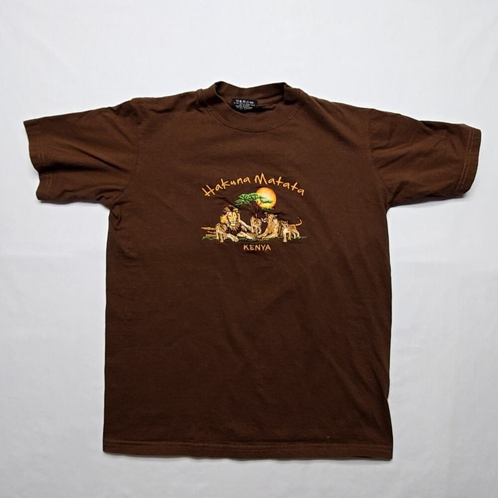 Vintage Hakuna Matata Kenya Embroidered Youth Tee Brown Lion Safari Shirt Small